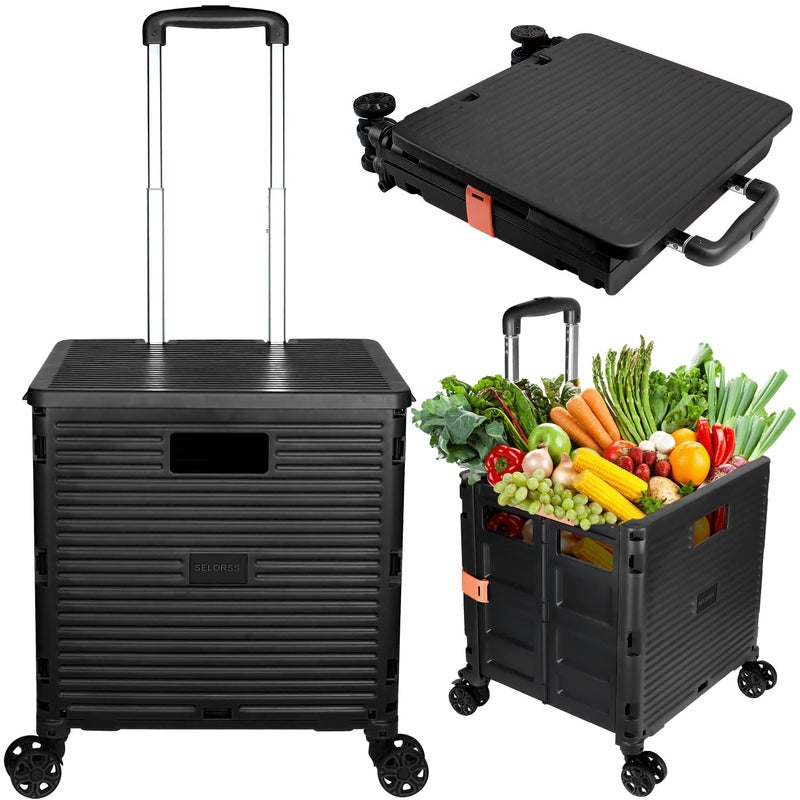 SELORSS SELORSS Foldable Utility Cart Portable Collapsible Crate Rolling Carts with Wheels Rolling Tote Basket Teacher Cart with Lid WearResistant 360Rotate Wheel Noiseless for Shopping Storage Office Use 
