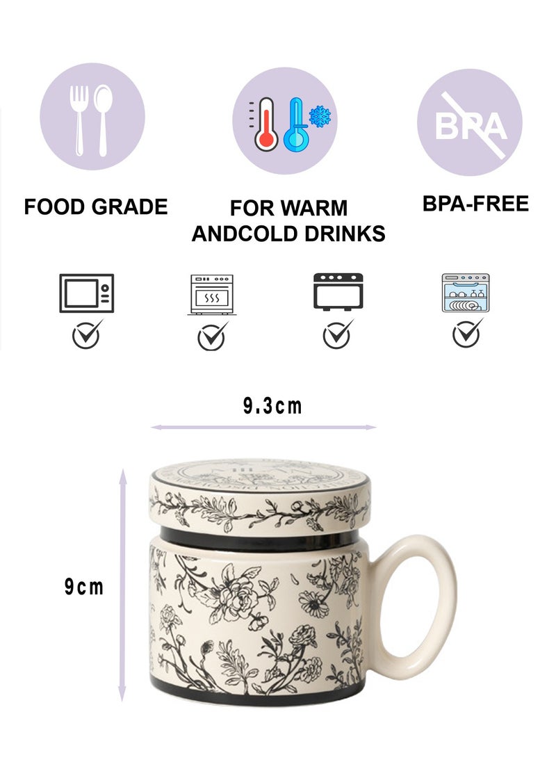 380Ml Microwave - Safe Ceramic Mug With Lid - Black Floral Pattern, Stylish & Functional For Coffee, Tea & Beverage  - Image 2