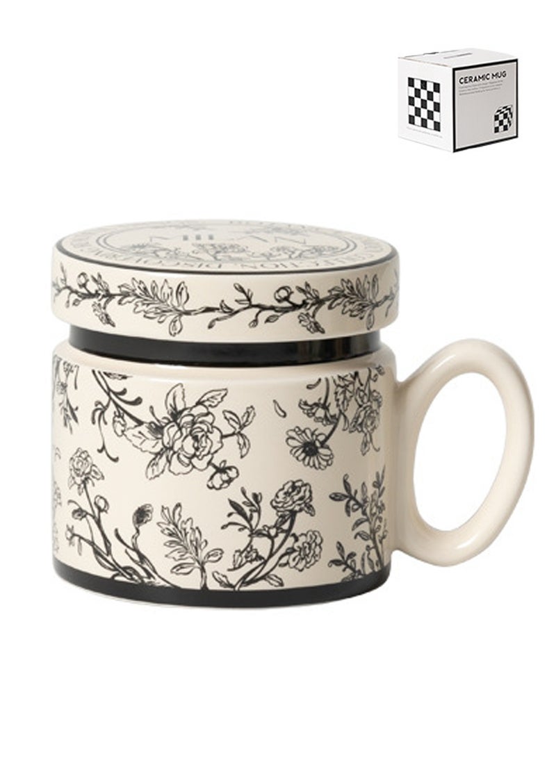 380Ml Microwave - Safe Ceramic Mug With Lid - Black Floral Pattern, Stylish & Functional For Coffee, Tea & Beverage  - Image 1