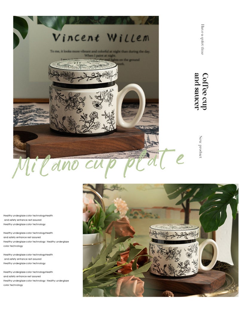 380Ml Microwave - Safe Ceramic Mug With Lid - Black Floral Pattern, Stylish & Functional For Coffee, Tea & Beverage  - Image 4