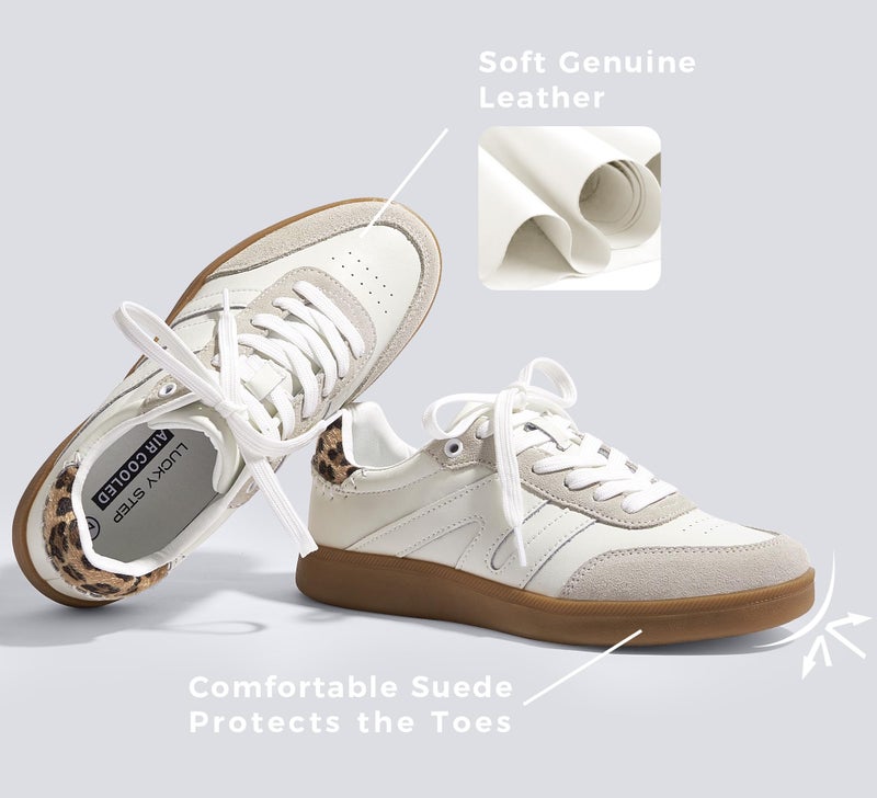 LUCKY STEP Women Classic Retro Gum Sole Fashion Sneakers Casual Tennis Skate Shoe Genuine Leather Walking Footwear Anti Slip Trainers(White/Beige,8) - Image 3