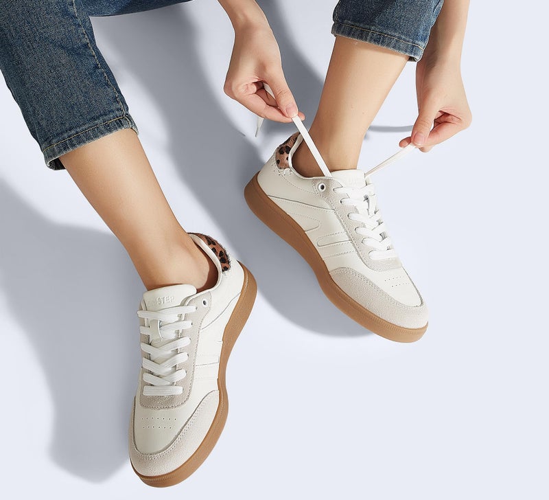 LUCKY STEP Women Classic Retro Gum Sole Fashion Sneakers Casual Tennis Skate Shoe Genuine Leather Walking Footwear Anti Slip Trainers(White/Beige,8) - Image 2