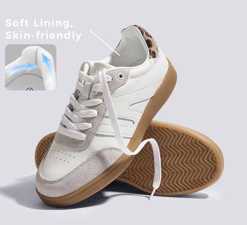 LUCKY STEP Women Classic Retro Gum Sole Fashion Sneakers Casual Tennis Skate Shoe Genuine Leather Walking Footwear Anti Slip Trainers(White/Beige,8) - Image 4