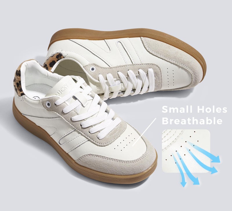 LUCKY STEP Women Classic Retro Gum Sole Fashion Sneakers Casual Tennis Skate Shoe Genuine Leather Walking Footwear Anti Slip Trainers(White/Beige,8) - Image 5