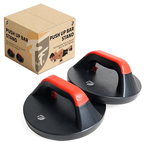 FirstFit Rotating Push Up Handles, Ergonomic Grips, 8" Base & Textured, Non-Slip Bottom Treads Push Up Bar For Gym & Home Exercise, Push Up Stand for Men & Women, Supports up to 260lbs - Black & Red - Image 1
