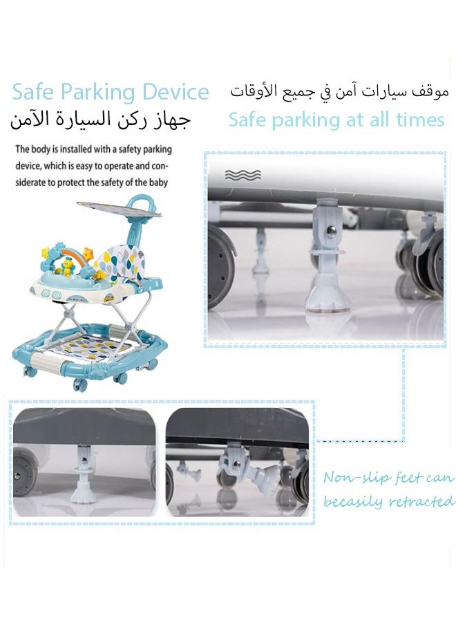 4-In-1 Baby Walker with Wheels Rocking Function Foldable Baby Push Walker with Adjustable Height Standing Mobile Activity Center with Music & Lights Foldable Activity Walker Help Baby Walk Interactive Toys
