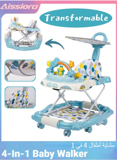 4-In-1 Baby Walker with Wheels Rocking Function Foldable Baby Push Walker with Adjustable Height Standing Mobile Activity Center with Music & Lights Foldable Activity Walker Help Baby Walk Interactive Toys
