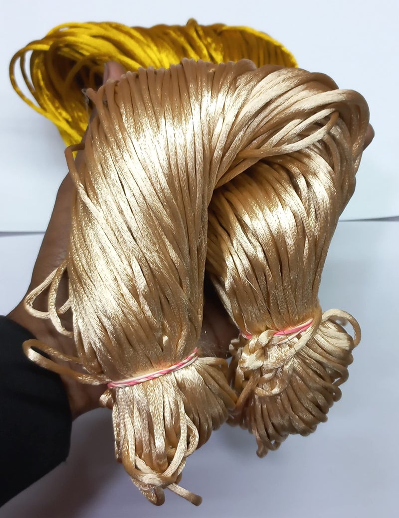 OMX 2.5 MM Thick, 60 to 75 Mtr, in 1 Roll, 2 Colours (Total 150 Mtr) Malai Macrame Cord/Malai Dori/Silk Macrame, Bugtail Satin Cord Shamballa Beading Kumihimo String (Beige & Gold) - Image 2