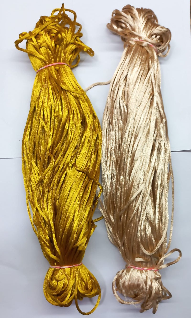 OMX 2.5 MM Thick, 60 to 75 Mtr, in 1 Roll, 2 Colours (Total 150 Mtr) Malai Macrame Cord/Malai Dori/Silk Macrame, Bugtail Satin Cord Shamballa Beading Kumihimo String (Beige & Gold) - Image 3
