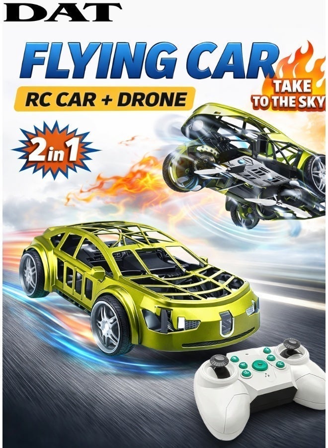 DAT Flying Car Drone Racer - 2-in-1 Land and Air RC Car with Dual Mode, One Click Takeoff, Cool Lighting, and Rubber Tires - For Kids Age 8+ - Green/Purple Color - Image 1