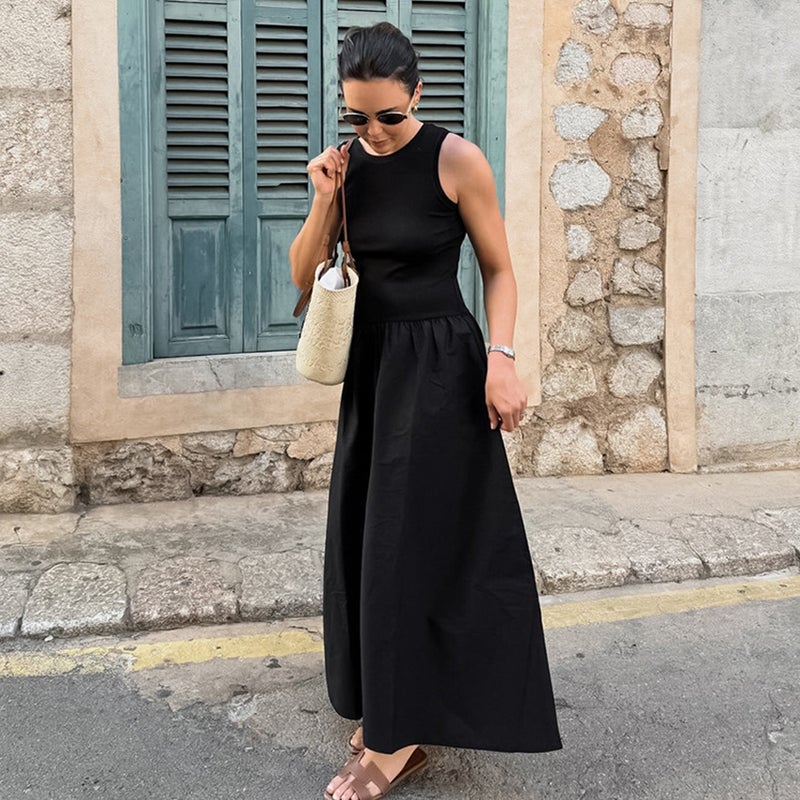 2024 French Crewneck Sleeveless Pullover Stitching Inner dress European and American Autumn New Cross-border Long Dress Womens Wear Black