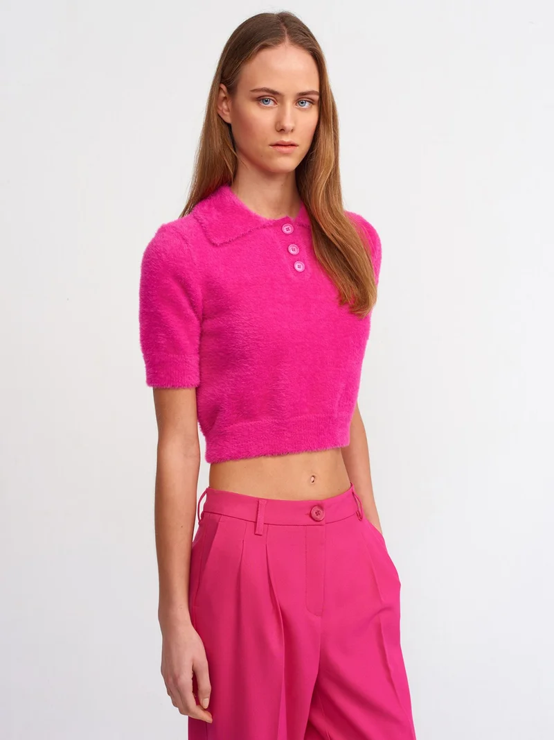 Dilvin 10475 Polo Neck Buttoned Soft Textured Crop Sweater-Fuchsia