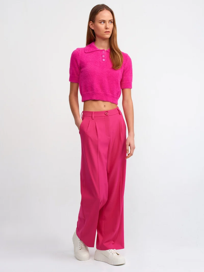 Dilvin 10475 Polo Neck Buttoned Soft Textured Crop Sweater-Fuchsia