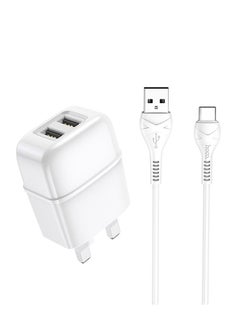 hoco. C77B Wall charger Dual Port Charger UK plug set with 1M Type-C cable  White  - Image 1