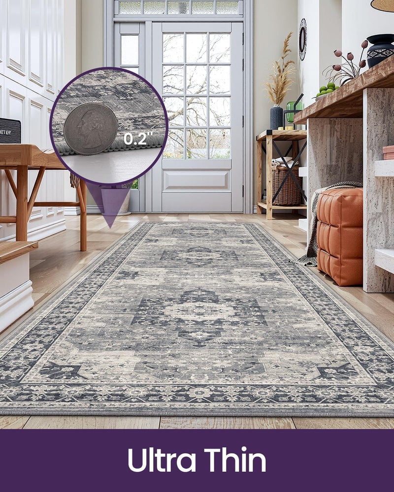 DEXI Runner Rug Washable Non Slip, 90x210 cm Low Pile Stain Resistant Carpet for Hallway, Kitchen, Living Room, Laundry, Bathroom, Vintage Farmhouse, Blue - Image 3