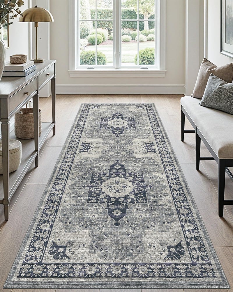 DEXI Runner Rug Washable Non Slip, 90x210 cm Low Pile Stain Resistant Carpet for Hallway, Kitchen, Living Room, Laundry, Bathroom, Vintage Farmhouse, Blue - Image 1