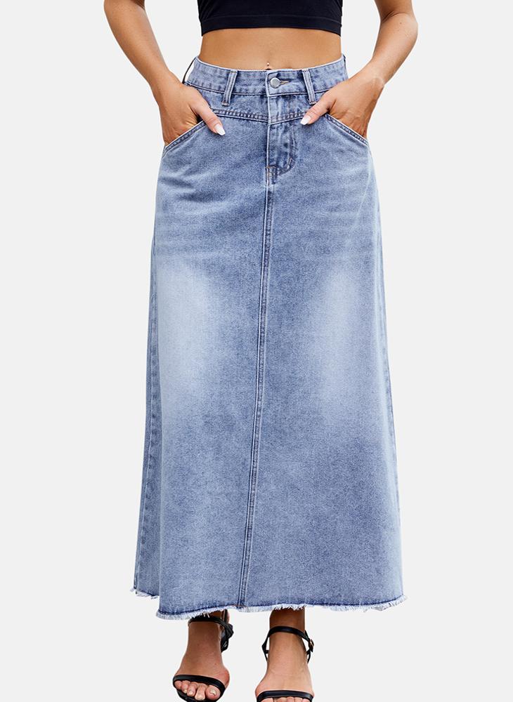 YUNIQEE Blue Mid Rise Plain Maxi Skirt - Image 1