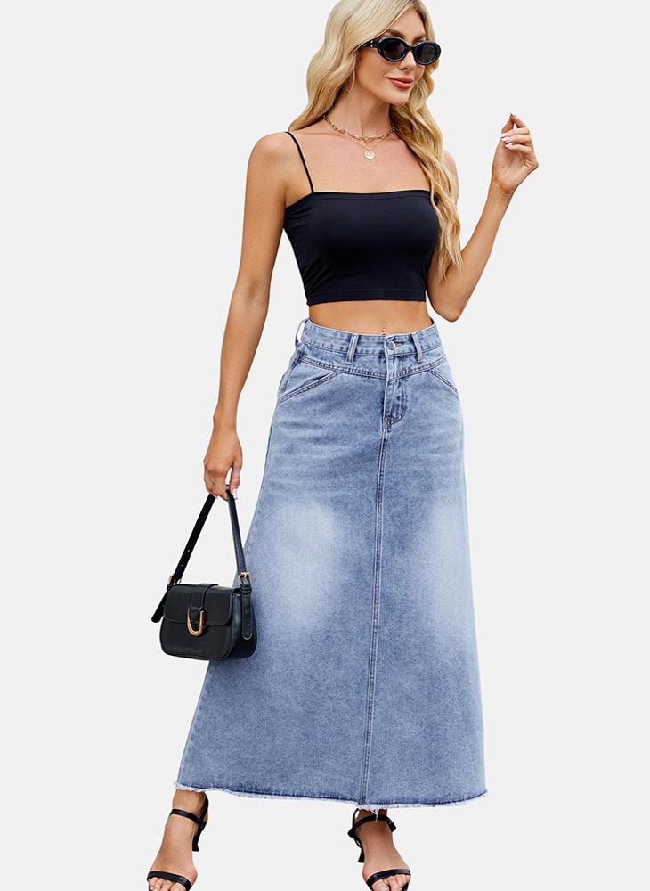YUNIQEE Blue Mid Rise Plain Maxi Skirt - Image 4