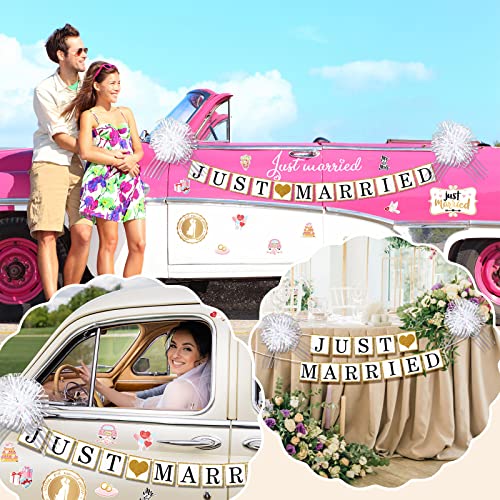 Tallew 18 Pcs Just Married Wedding Car Decorations Include 12 Just Married Ornate Car Magnets Window Decal Sign Banner 4 Organza Pull Bows for Honeymoon Wedding - Image 3