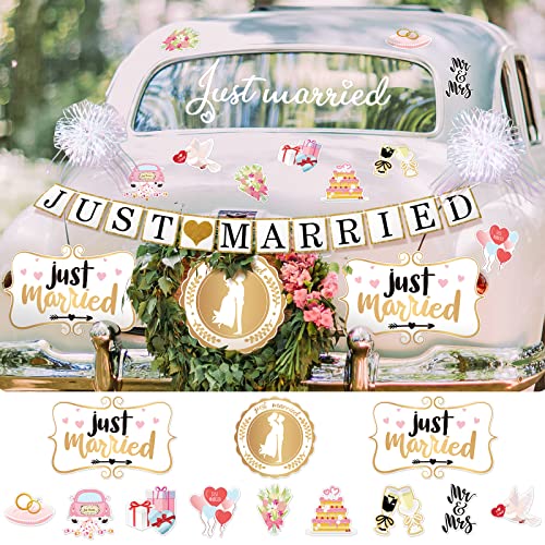 Tallew 18 Pcs Just Married Wedding Car Decorations Include 12 Just Married Ornate Car Magnets Window Decal Sign Banner 4 Organza Pull Bows for Honeymoon Wedding - Image 1