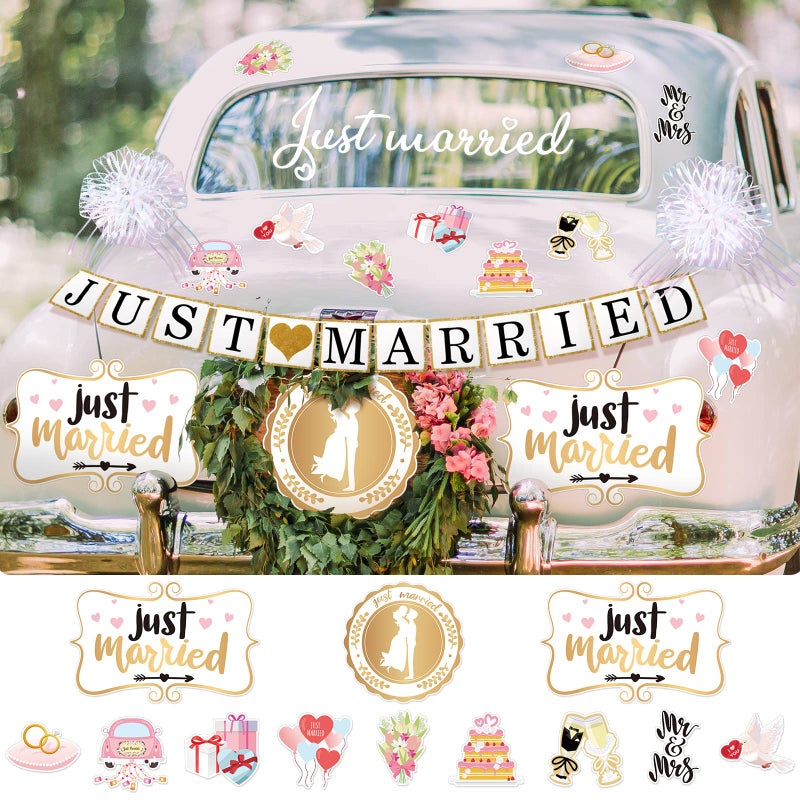 Tallew 18 Pcs Just Married Wedding Car Decorations Include 12 Just Married Ornate Car Magnets Window Decal Sign Banner 4 Organza Pull Bows for Honeymoon Wedding - Image 2