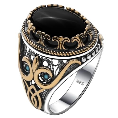 Alpha Rock Men's Natural Black Onyx Stone Ring in Genuine Solid 925 Sterling Silver Accented with bronze, Authentic Vintage Turkish Ottoman Style, Gift for Men (Natural Onyx, 10) - Image 1