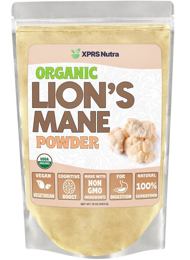 XPRS Nutra مسحوق فطر ذيل الأسد العضوي - متميز للوضوح العقلي، الإدراك والمناعة - مناسب للنباتيين (16 أونصة) - Image 1