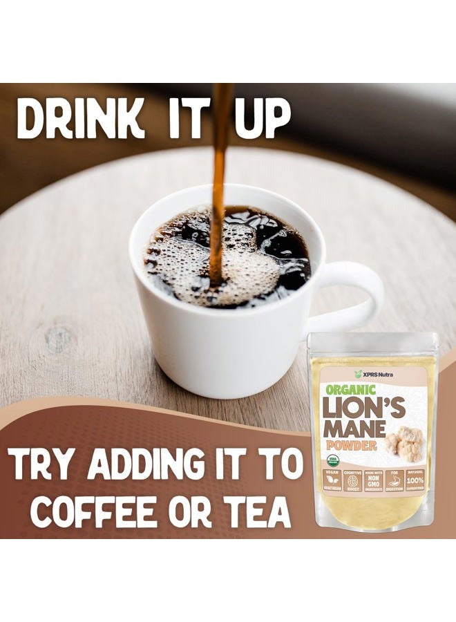 XPRS Nutra مسحوق فطر ذيل الأسد العضوي - متميز للوضوح العقلي، الإدراك والمناعة - مناسب للنباتيين (16 أونصة) - Image 3