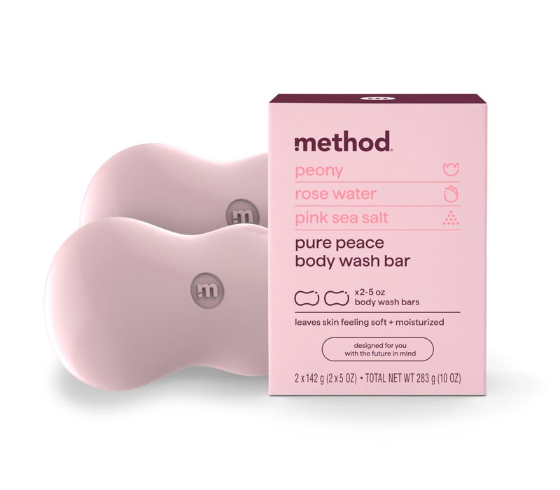 Method Bar Soap, Pure Peace, Pure Peace, Rose Water, Peonies + Pink Sea Salt notes, Plastic Free, 2 bars, 5oz each - Image 1