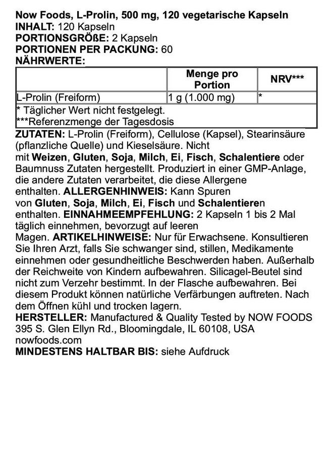now Supplements Lproline 500 Mg Collagen Production* Structural Support* 120 Veg Capsules - Image 5