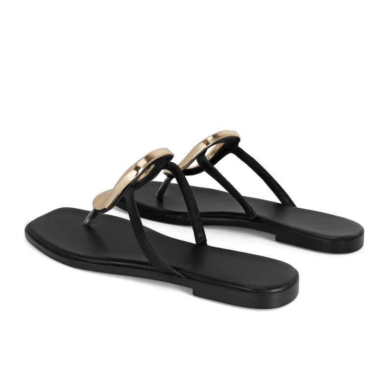Wnshonzy Flip-Flops for Women Thong Sandals Flat Black Slip on Slides Leather Beach Comfort Open Square Toe Ladies Slipper Dressy Metal Hardware Decoration Summer Shoes Casual Fashion - Image 5