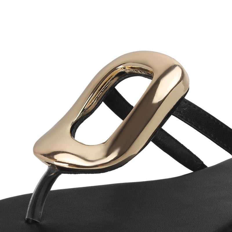 Wnshonzy Flip-Flops for Women Thong Sandals Flat Black Slip on Slides Leather Beach Comfort Open Square Toe Ladies Slipper Dressy Metal Hardware Decoration Summer Shoes Casual Fashion - Image 3