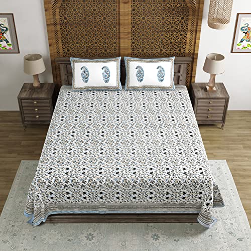 BLOCKS OF INDIA Hand Block Printed 200 TC Cotton King Size Bedsheet (Grey Brown Jaal) - Image 2