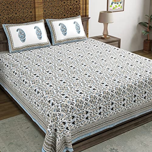 BLOCKS OF INDIA Hand Block Printed 200 TC Cotton King Size Bedsheet (Grey Brown Jaal) - Image 1