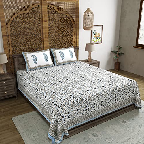 BLOCKS OF INDIA Hand Block Printed 200 TC Cotton King Size Bedsheet (Grey Brown Jaal) - Image 3