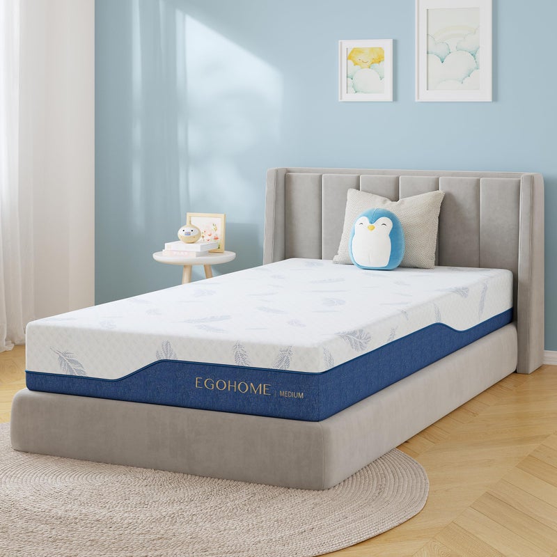 EGOHOME Medium Twin Mattress 6 Inch Memory Foam Mattresses Bed in a Box with Gel Foam and Removeable Fiberglass Free Cover for Cool Sleep and Back Pain Relief, CertiPUR-US Certified, Blue - Image 1