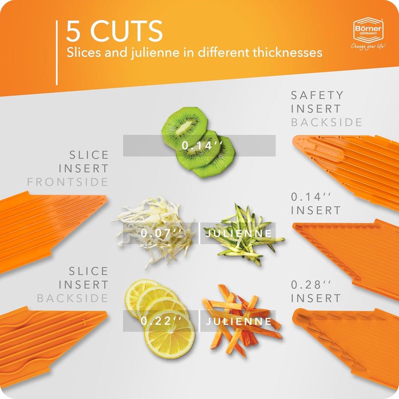 Börner by Reston Lloyd Mandoline Slicer V1 (Starter Set) • V-Slicer with 5 Thickness Settings & Food Holder • Adjustable Kitchen Slicer for Vegetables & Fruits • Color: Orange - Image 2