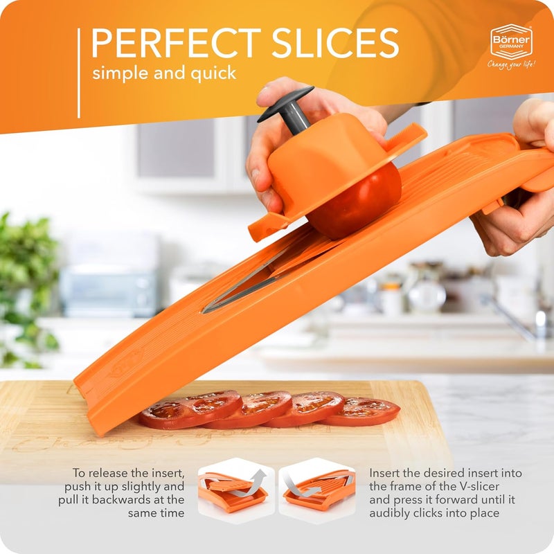 Börner by Reston Lloyd Mandoline Slicer V1 (Starter Set) • V-Slicer with 5 Thickness Settings & Food Holder • Adjustable Kitchen Slicer for Vegetables & Fruits • Color: Orange - Image 5