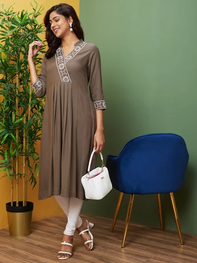 globus Women Taupe Embroidered Pleated A-Line Kurta