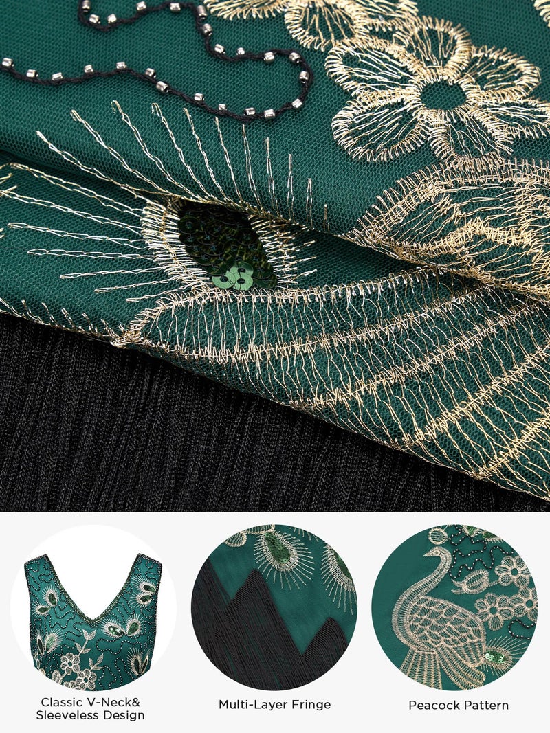 SWEETV Womens 1920s Vintage Peacock Flapper Dresses Sequin Beaded Fringed Gatsby Dress with Headband Green Large - Image 5