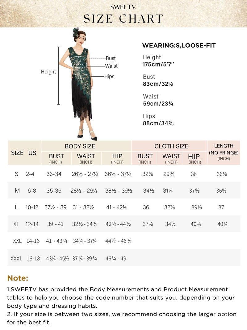 SWEETV Womens 1920s Vintage Peacock Flapper Dresses Sequin Beaded Fringed Gatsby Dress with Headband Green Large - Image 4