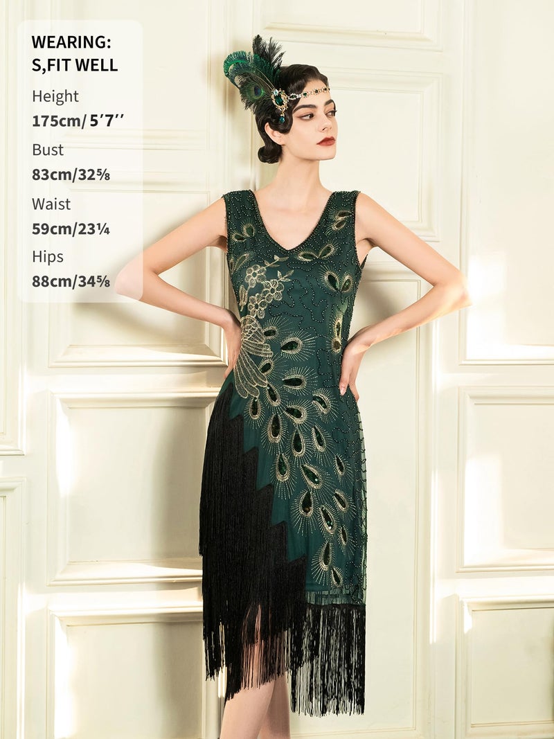 SWEETV Womens 1920s Vintage Peacock Flapper Dresses Sequin Beaded Fringed Gatsby Dress with Headband Green Large - Image 2