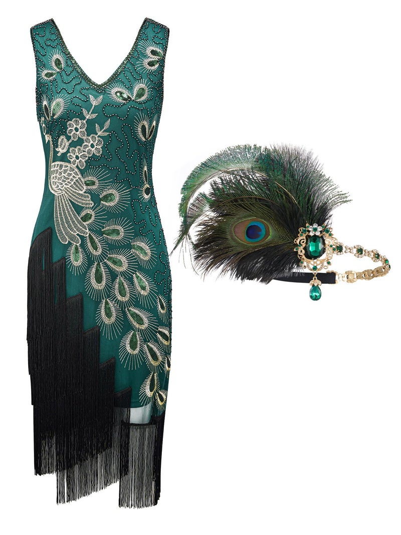 SWEETV Womens 1920s Vintage Peacock Flapper Dresses Sequin Beaded Fringed Gatsby Dress with Headband Green Large - Image 1