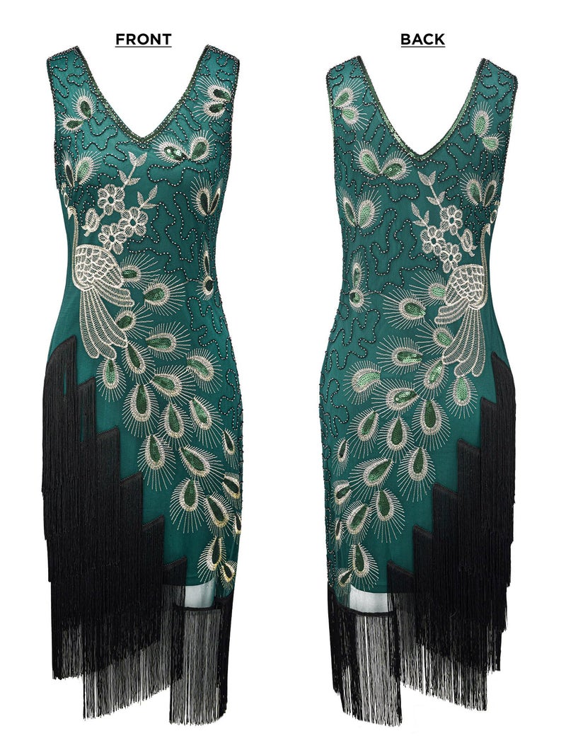 SWEETV Womens 1920s Vintage Peacock Flapper Dresses Sequin Beaded Fringed Gatsby Dress with Headband Green Large - Image 3