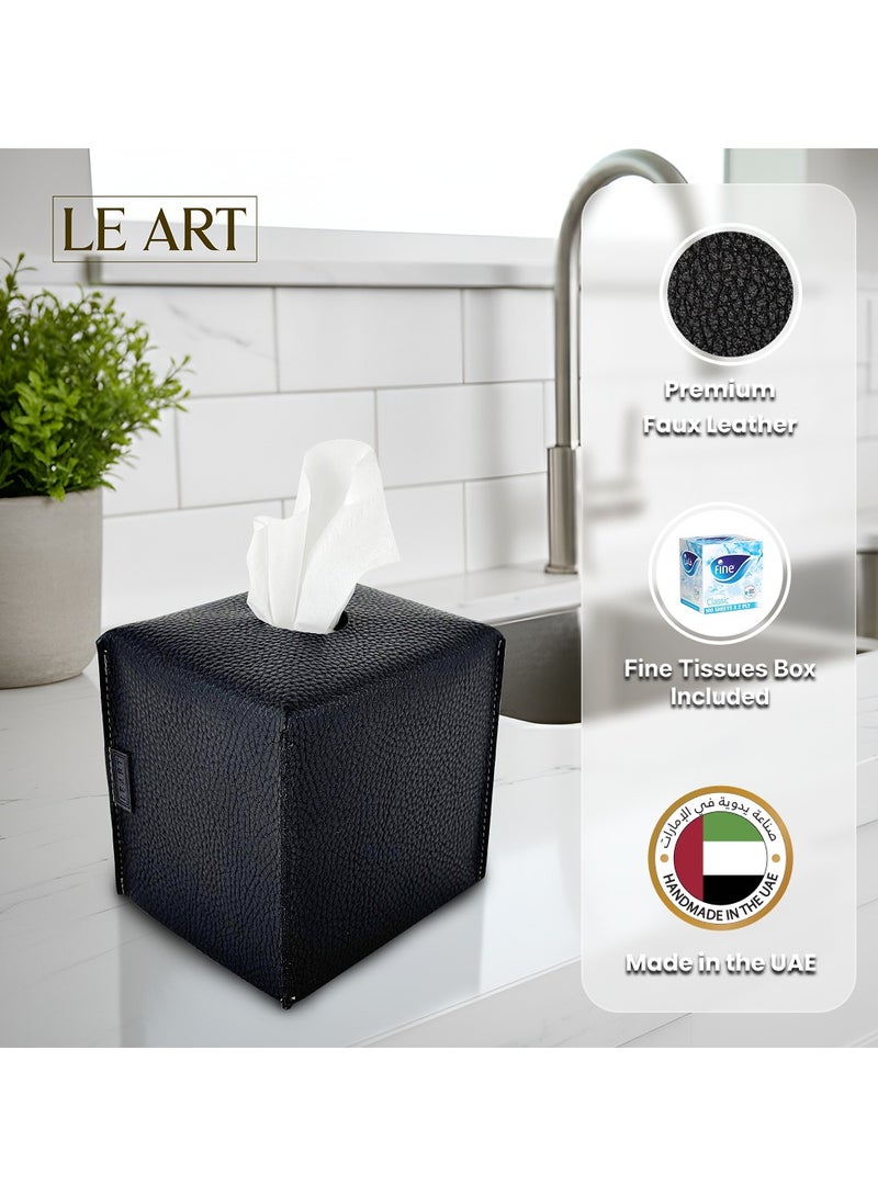 LeArt Leather Tissue Box Cover – Elegant Tissue Box Holder for Office Car Hotel Home Decor | Living Room Bedroom Bathroom | Facial Tissue Holder, Car Tissue Box Holder (Black Cube) - Image 2