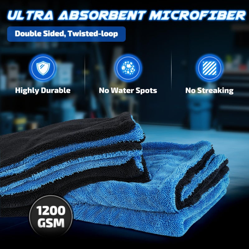 SMINDER 2-Pack 1200 GSM Car Drying Towels â€“ Microfiber Towels for Cars (36" x 24"), Ultra-Absorbent, Streak-Free, Scratch-Free, No Water Spots, Double-Twist Pile & Edgeless Design(Blue) - Image 5