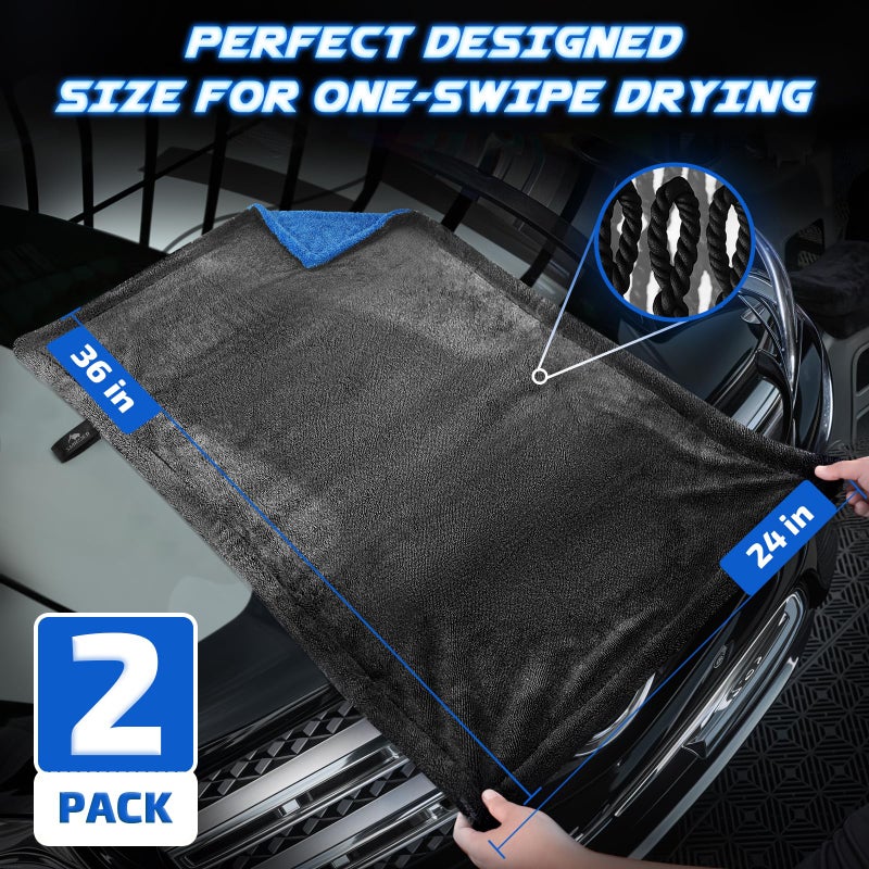 SMINDER 2-Pack 1200 GSM Car Drying Towels â€“ Microfiber Towels for Cars (36" x 24"), Ultra-Absorbent, Streak-Free, Scratch-Free, No Water Spots, Double-Twist Pile & Edgeless Design(Blue) - Image 3