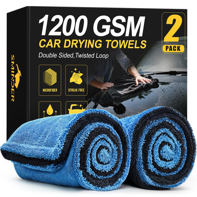 SMINDER 2-Pack 1200 GSM Car Drying Towels â€“ Microfiber Towels for Cars (36" x 24"), Ultra-Absorbent, Streak-Free, Scratch-Free, No Water Spots, Double-Twist Pile & Edgeless Design(Blue) - Image 1
