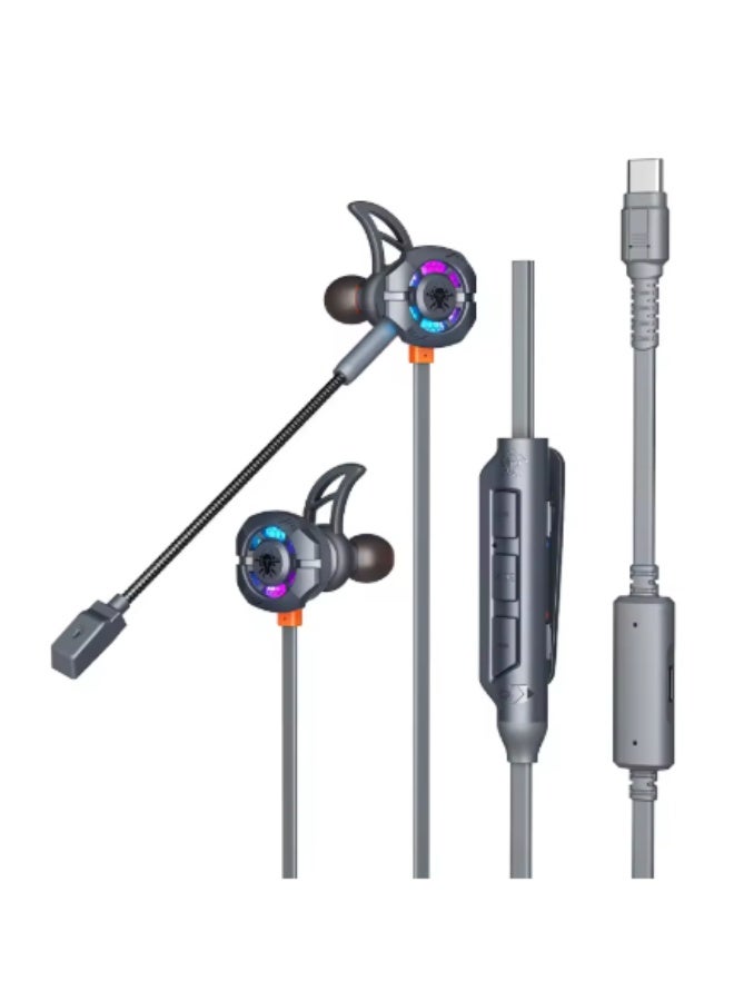 PLEXTONE AKM+ Type-C gaming headset features a stylish RGB lighting design, dual long detachable microphones, supports 40W fast charging while in use, and boasts a leading C-Media 6646 chip for superior audio performance. It has a 1.40m cable and comes in gray. - Image 1
