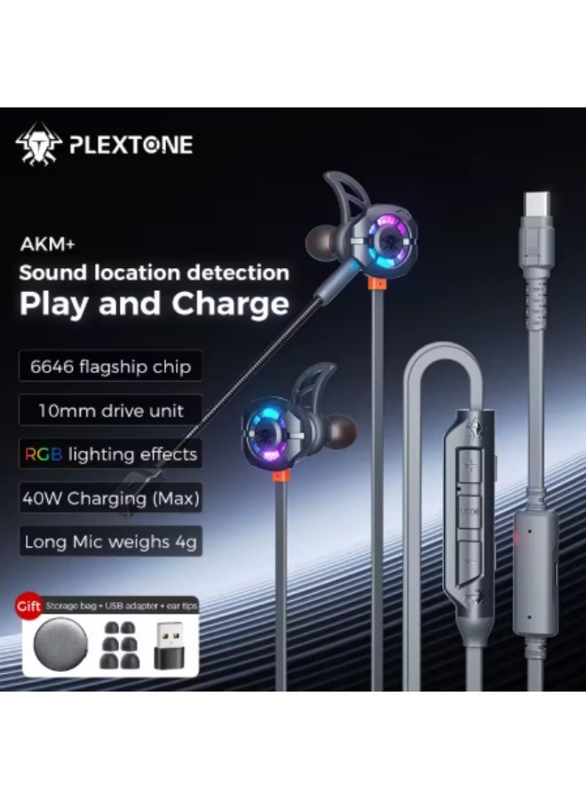 PLEXTONE AKM+ Type-C gaming headset features a stylish RGB lighting design, dual long detachable microphones, supports 40W fast charging while in use, and boasts a leading C-Media 6646 chip for superior audio performance. It has a 1.40m cable and comes in gray. - Image 2